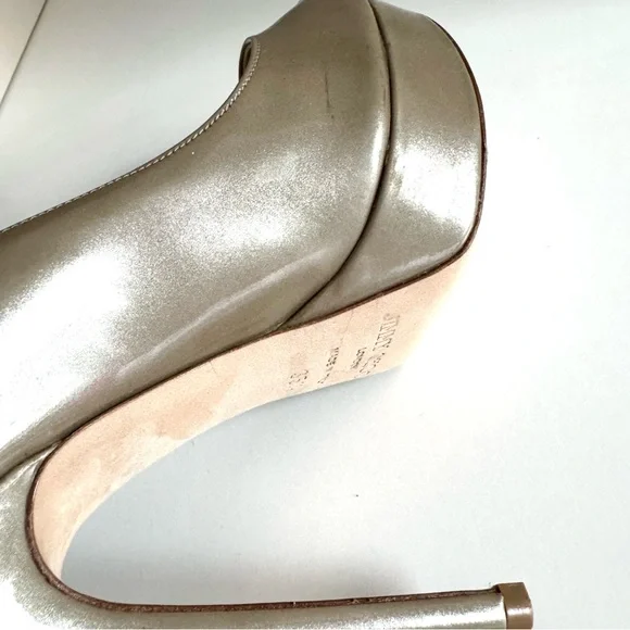 Jimmy Choo Crown Beige Khaki Patent Leather Peep Toe Platform Heels size 5.5 - Picture 12 of 16